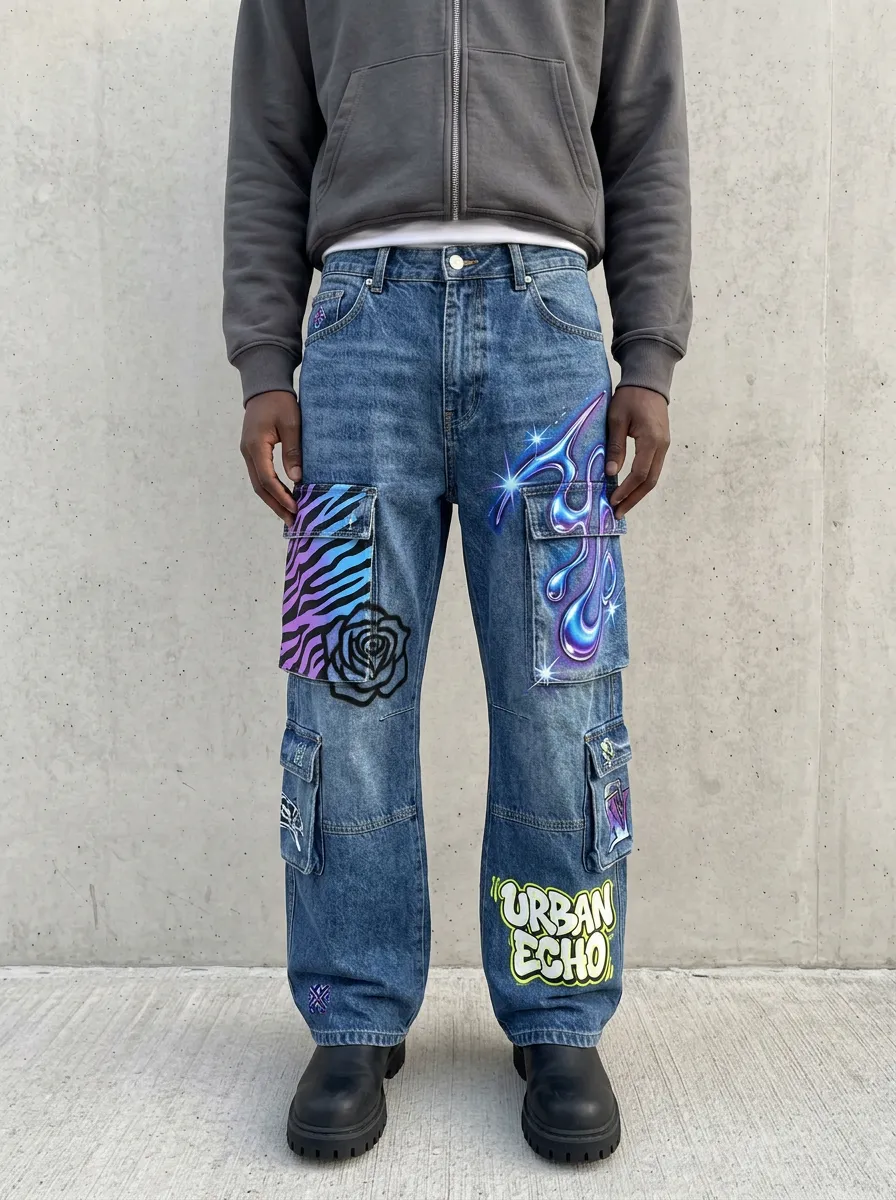 Men's Urban Echo Graffiti Rose Zebra Graphic Cargo Jeans