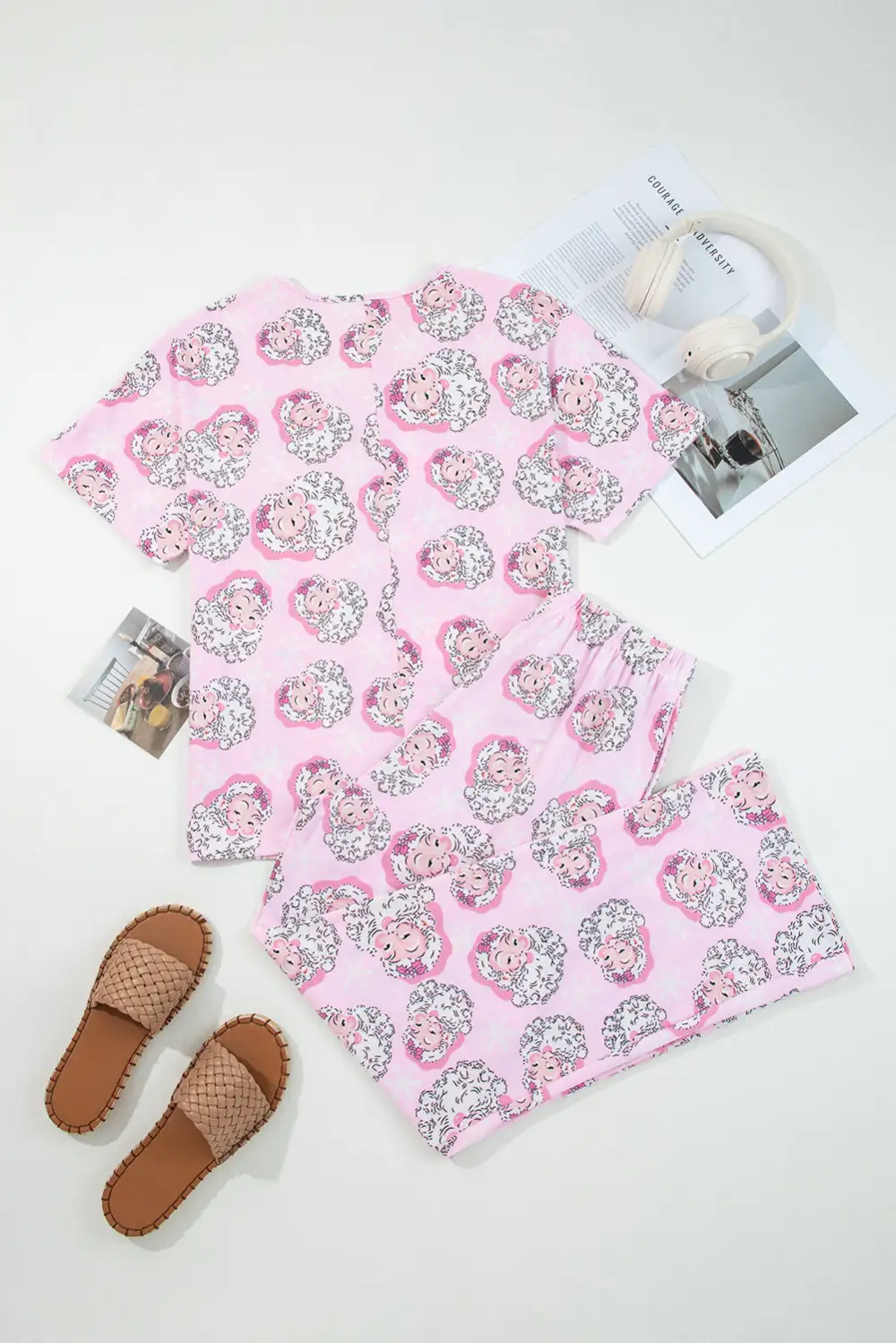 Women's Santa Claus Print V Neck Tee Drawstring Pants Two Piece Lounge Set