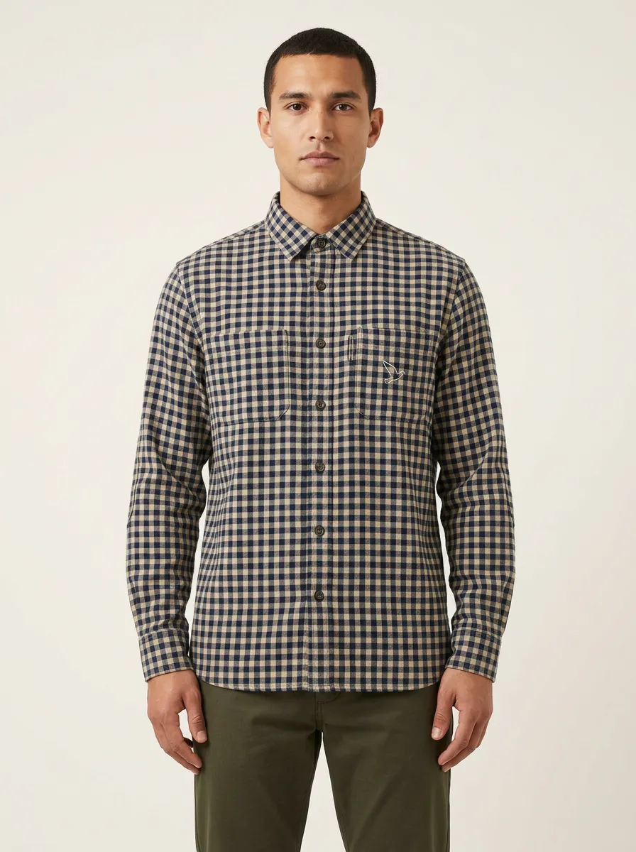 Men's Bird-Embroidered Dual-Pocket Gingham Flannel Shirt