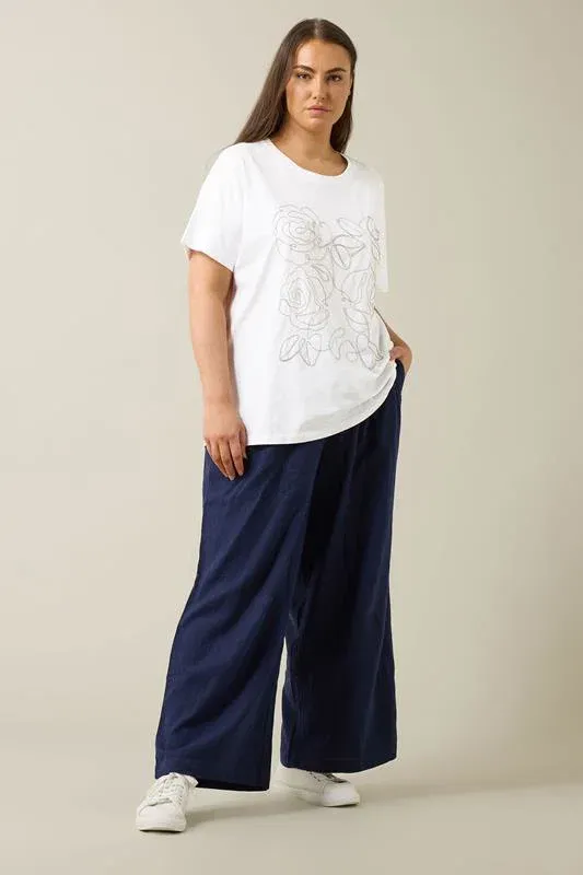 White Floral Chain Detail Cotton T-Shirt