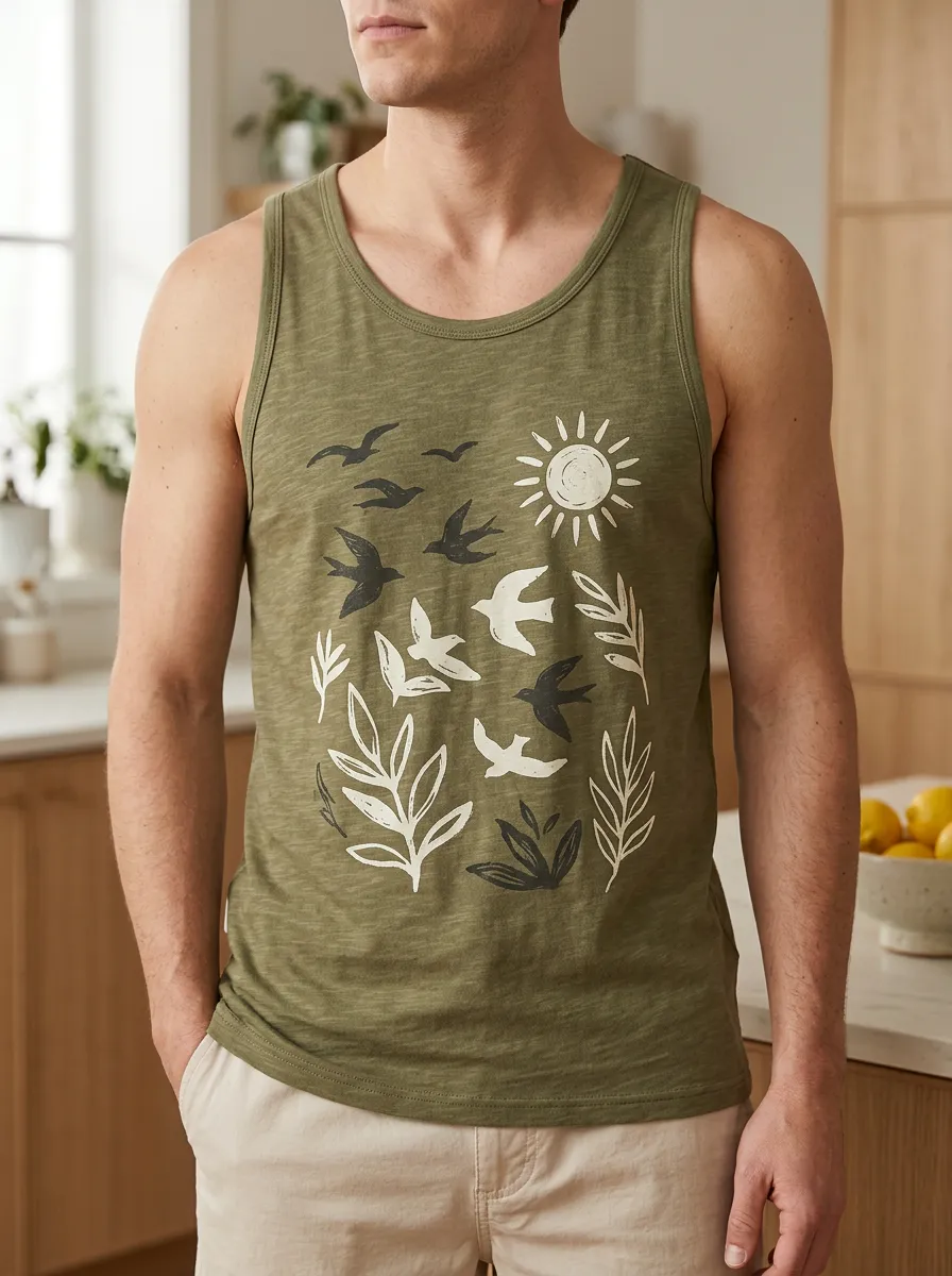 Men's Nature Sun Birds Leaves Tank Top