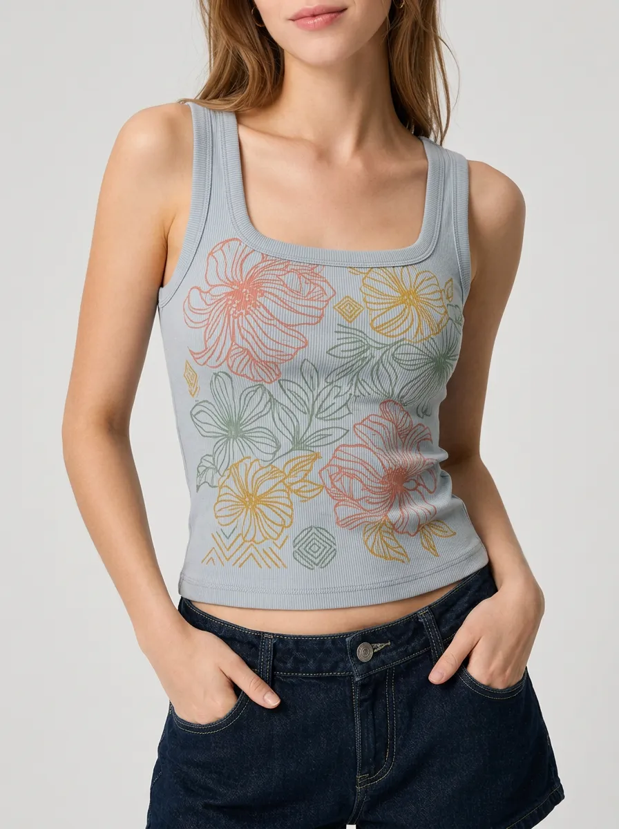 Women's Floral Lover Botanical Line Art Printed Ribbed Tank Top