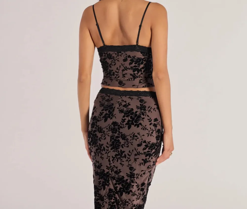 Brown Flocked Velvet Sleeveless Cropped Top