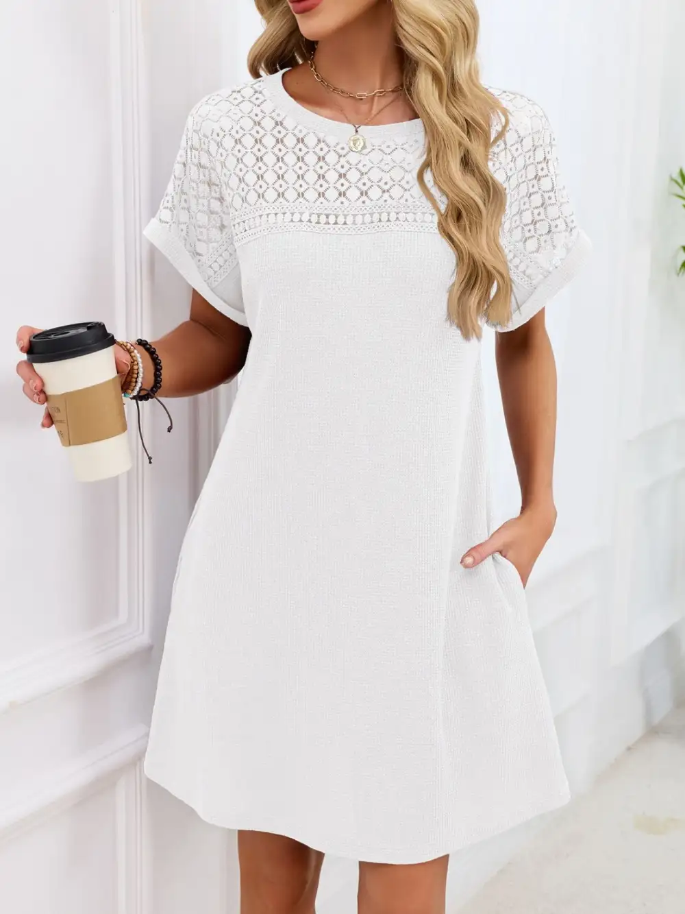 Lace Round Neck Short Sleeve Shirt Dress
