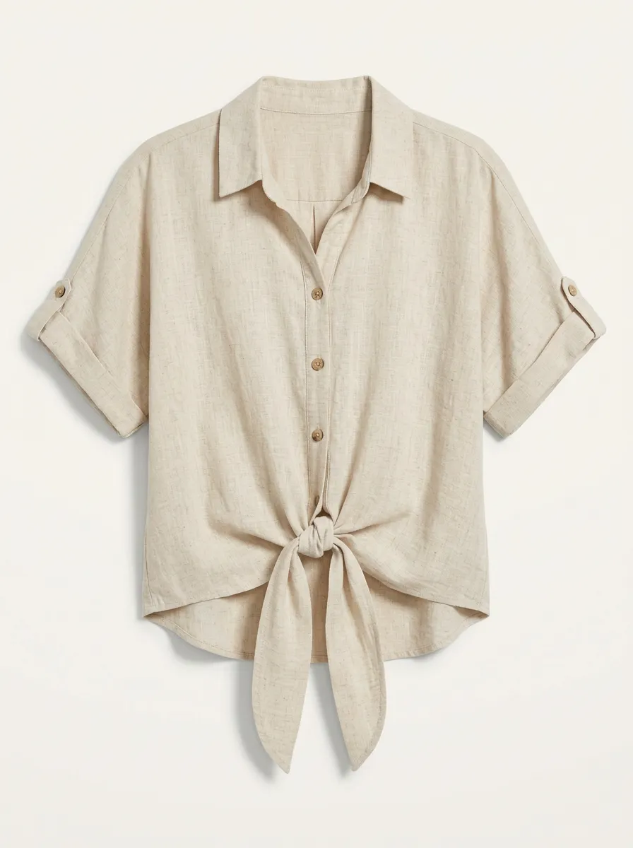 Women's Casual Linen Blend Tie-Front Button Down Shirt Shirt