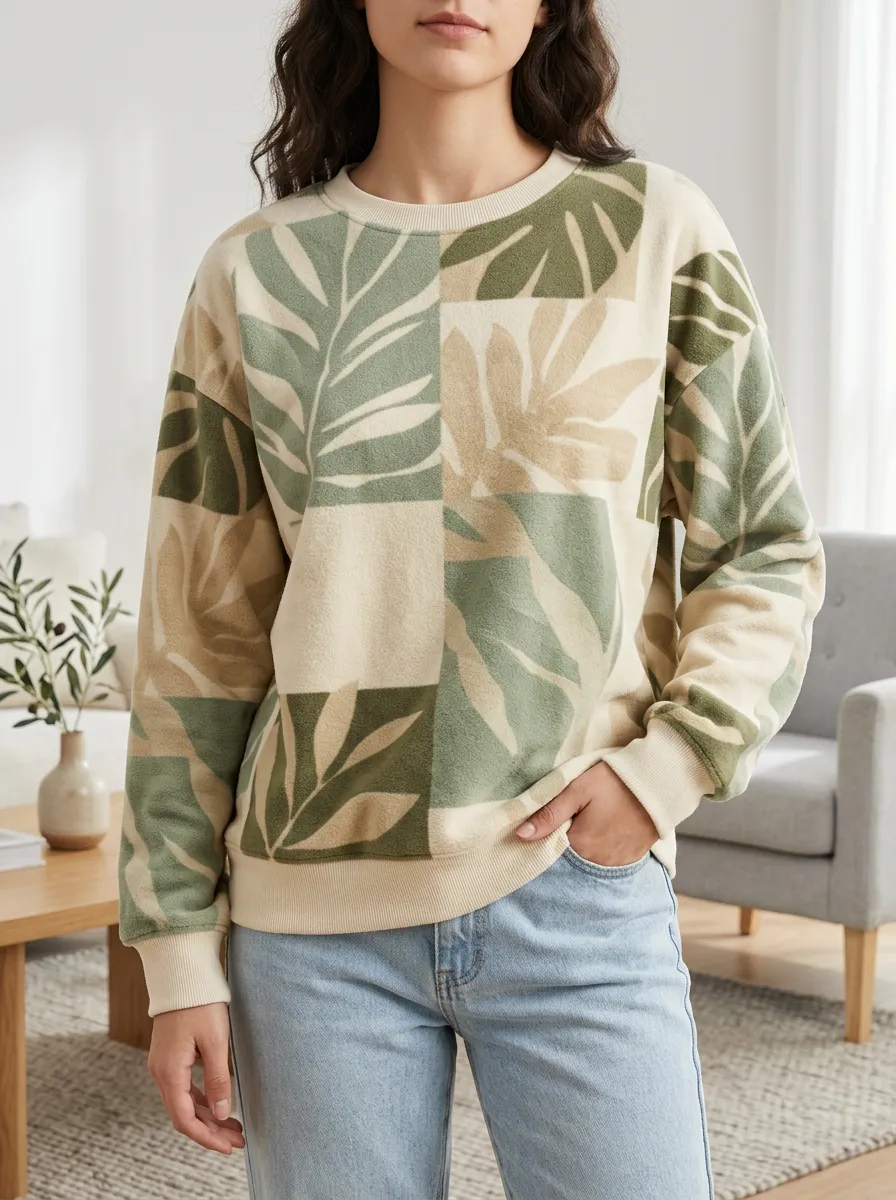 Women's Botanical Leaf Patchwork Printed Fleece Sweatshirt