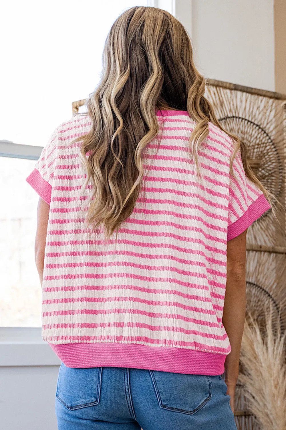Pink Stripe Textured Knit Contrast Top