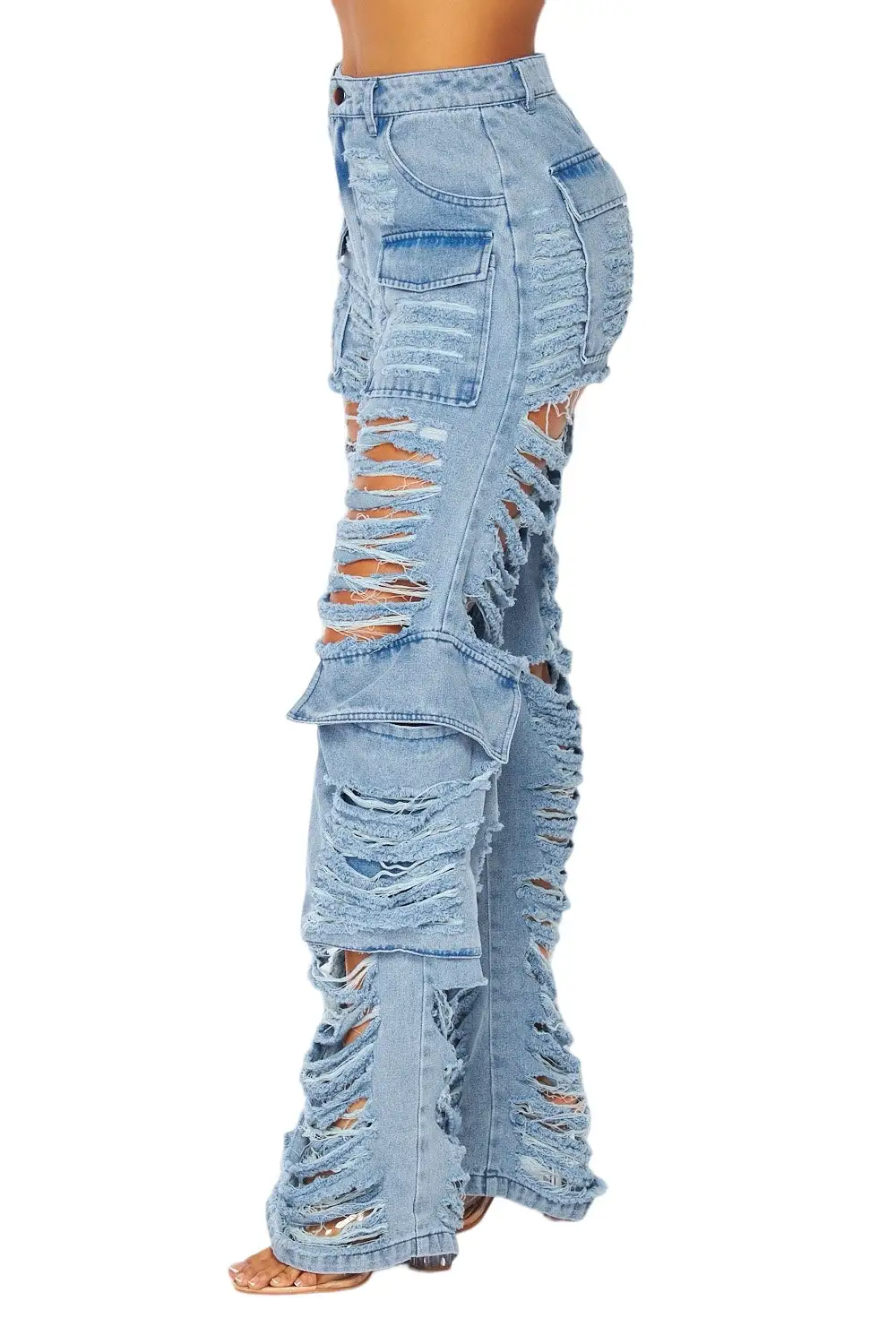 Women's Wide Leg Distressed Denim Cargo Pants