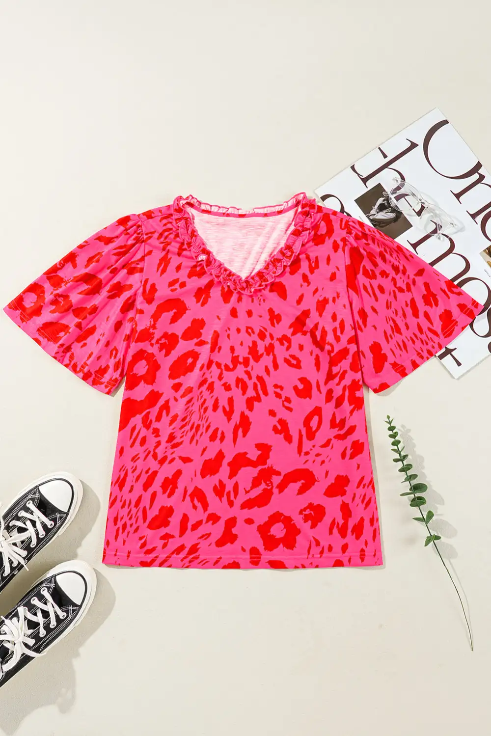 Easygoing Leopard Print V-Neck Short Sleeve Blouse