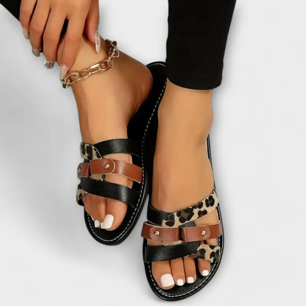 Leather Cross Strap Leopard Print Flat Sandals