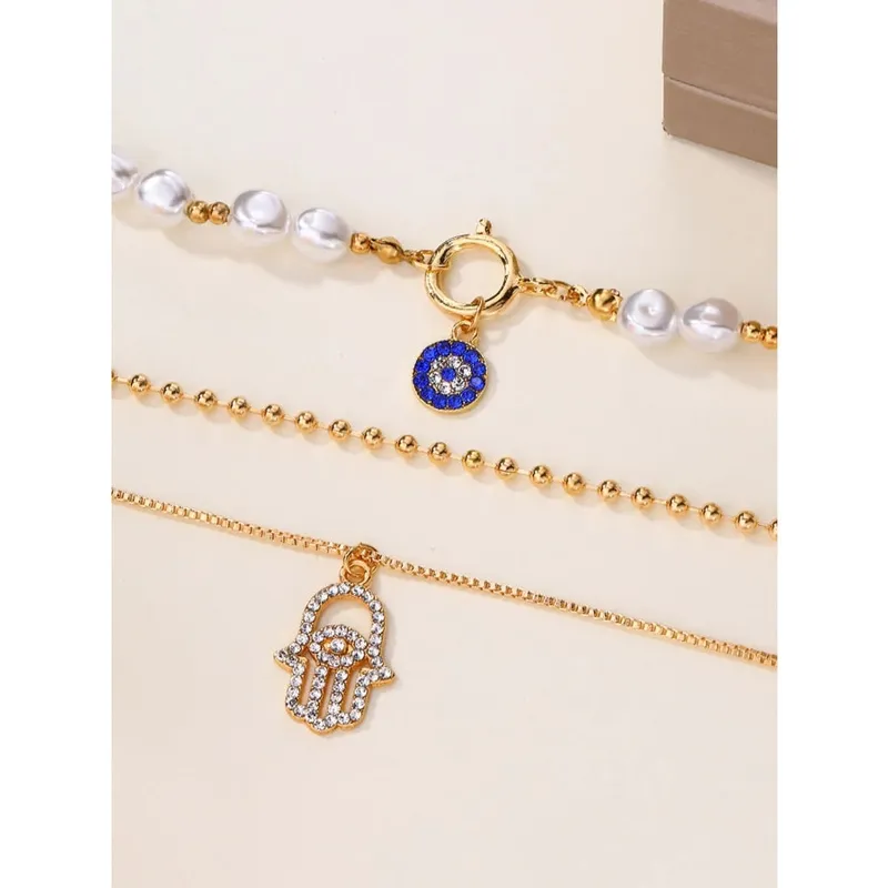Pearl Chain Evil Eye Hamsa Pendant Necklace
