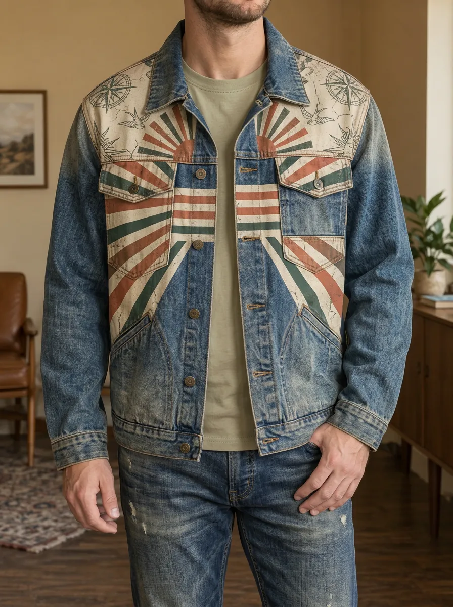 Men's Vintage Compass Sunburst Printed Denim Jacket