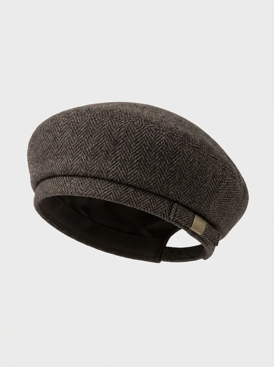 Unisex Vintage Brown Herringbone Wool-Blend Beret