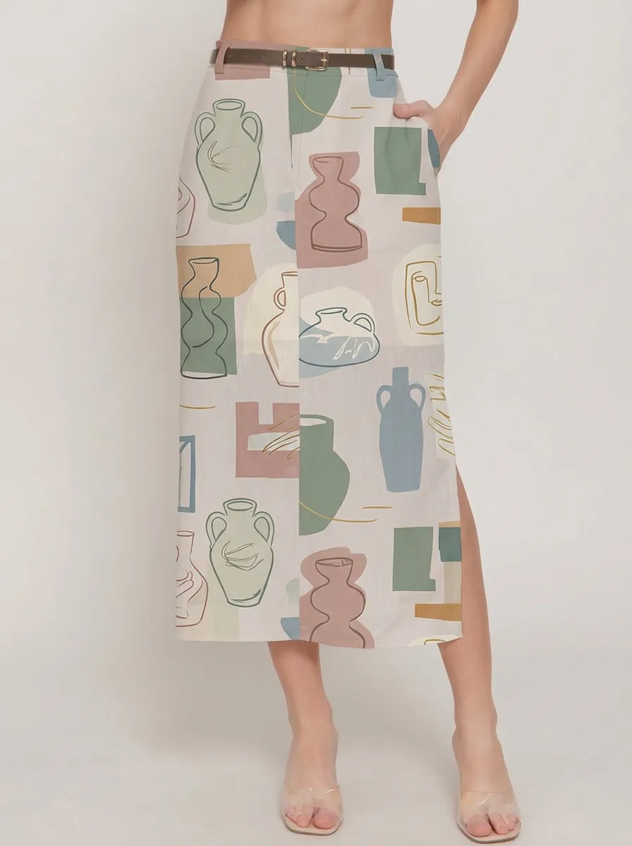 Women's Abstract Art Vase Pattern Printed Midi Skirt