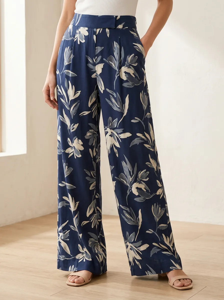 Women's Botanical Floral Fine Pattern Printed Wide Leg Pants