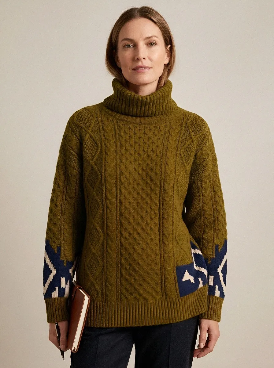 Women's Cable-Knit Turtleneck Sweater with Geometric Pattern