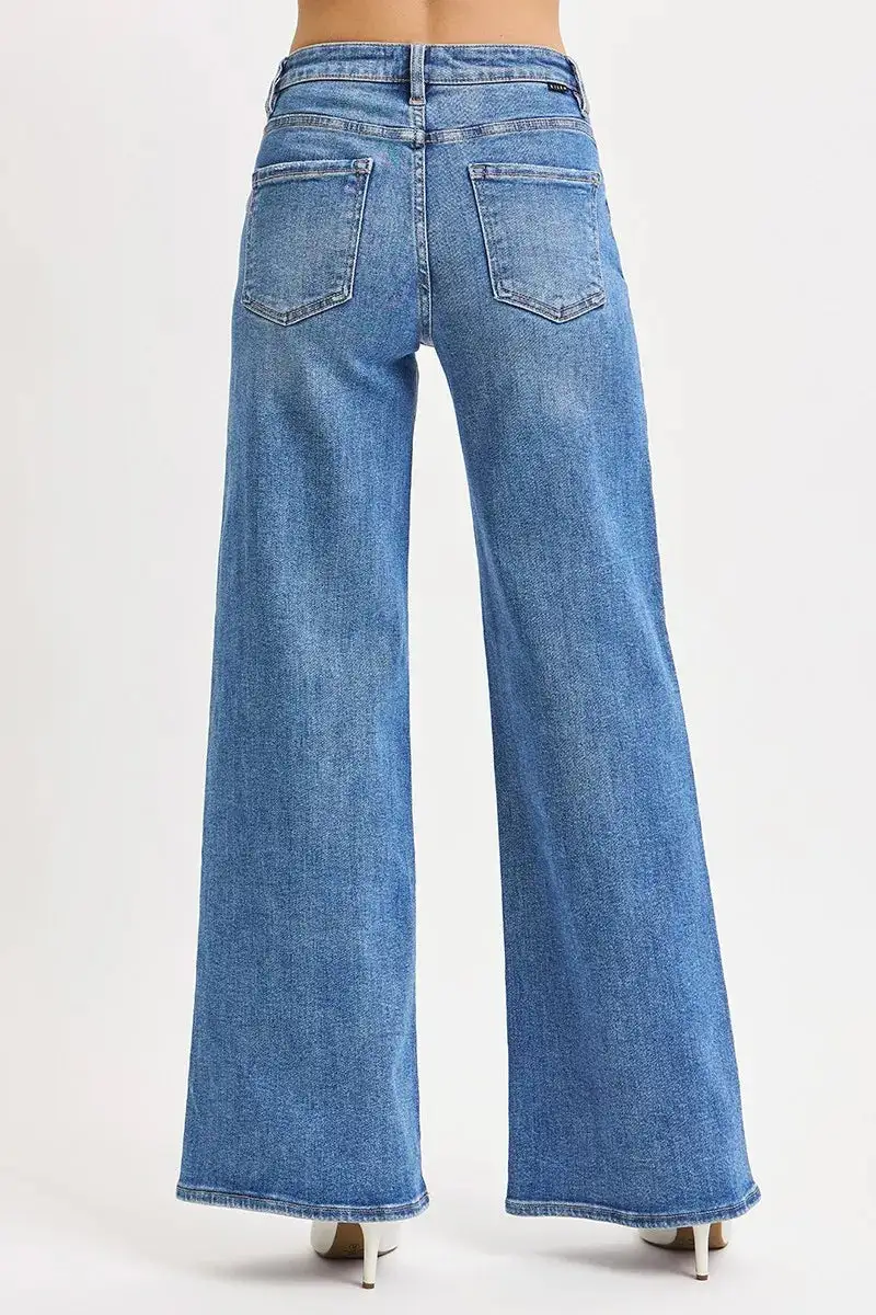 Textured Denim High Rise Wide Leg Pocketed Jeans