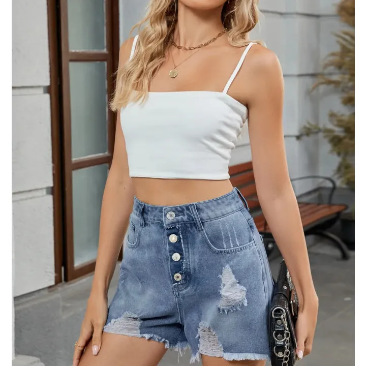 Soft Distressed Raw Hem Denim Shorts