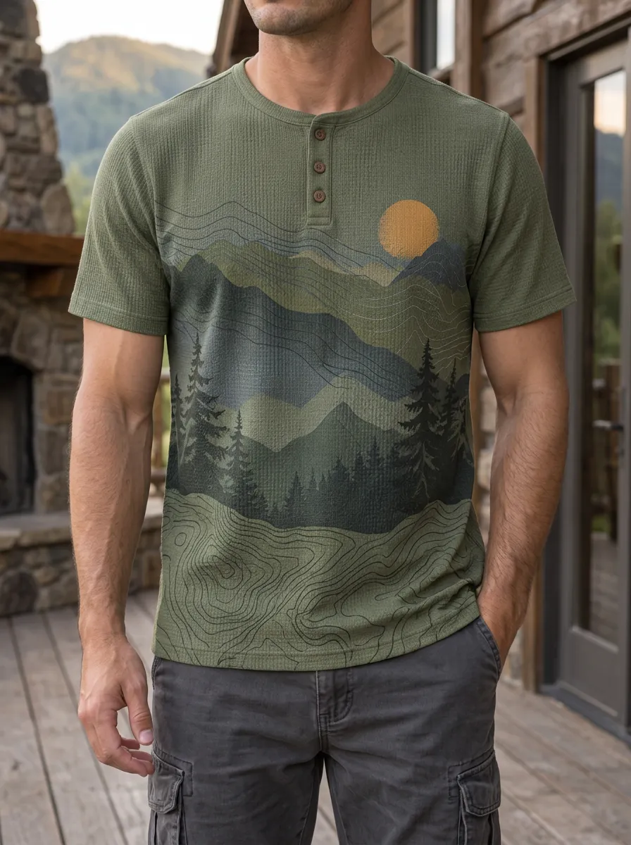 Men's Relaxed Outdoor Nature Lover Mountain Forest Sunset Henley T-Shirt