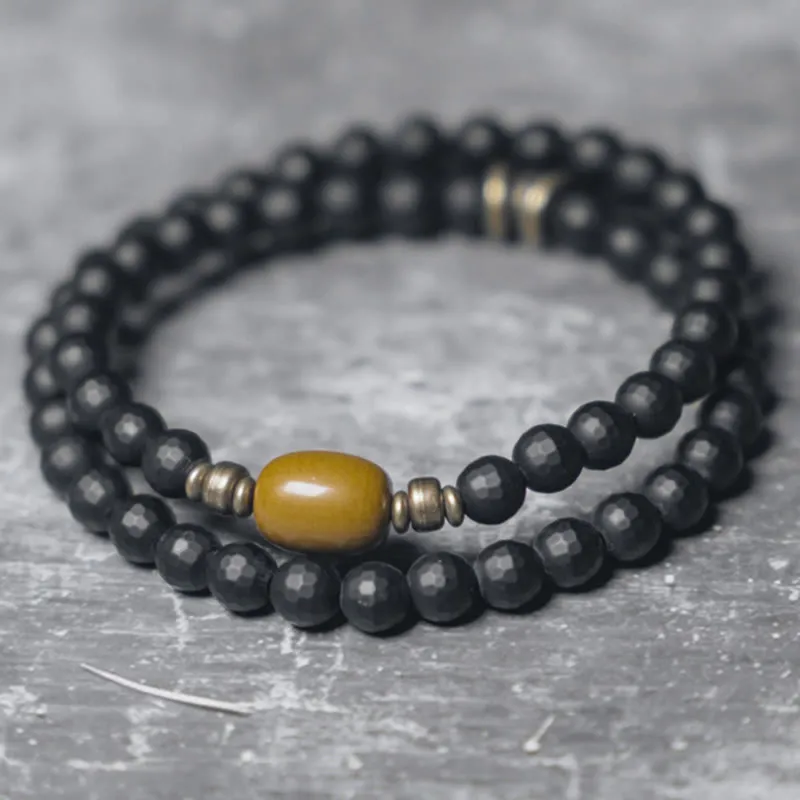Frosted Cut Surface Onyx Topaz Beads Double Bracelet