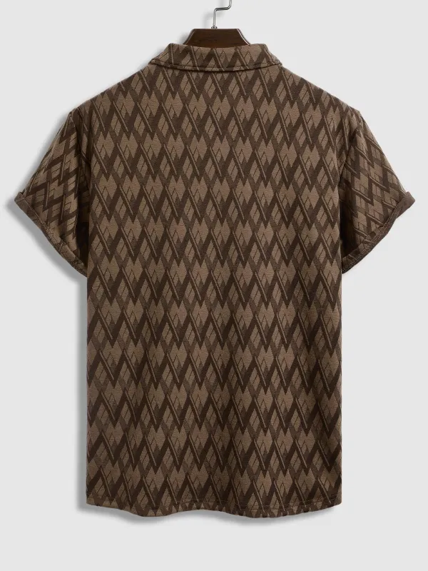 Men's geometric retro half button lapel short sleeve polo