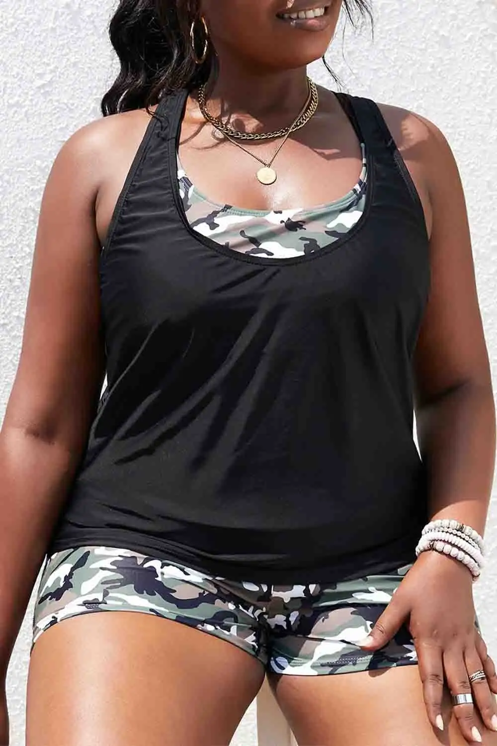 Swimwear Camouflage Criss Cross Plus Size 3 Piece Bikini Set
