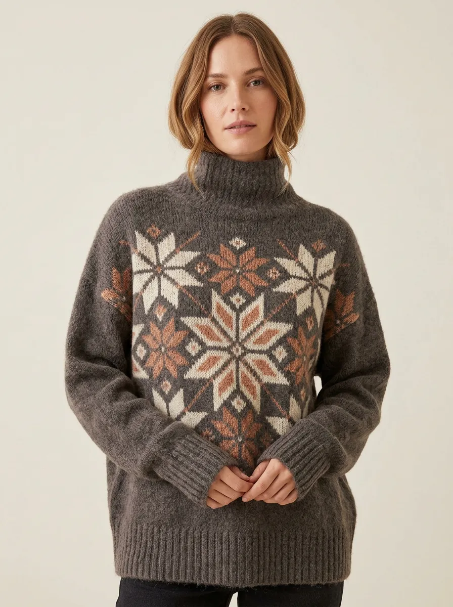 Women's Nordic Snowflake Pattern Printed Turtleneck Sweater