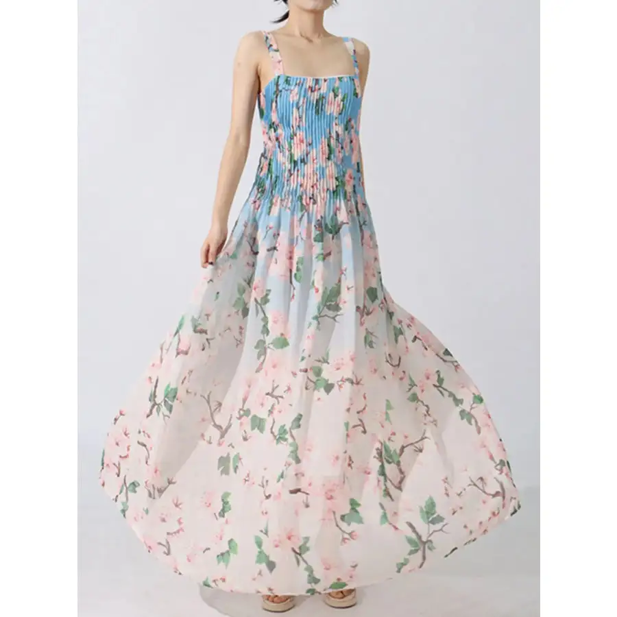 Classic Floral Print Pleated Maxi Dress