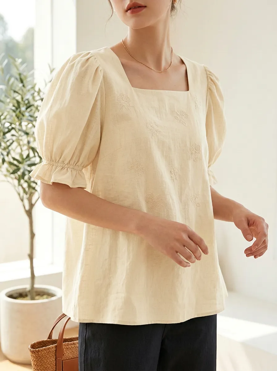 Embroidered Floral Women's Puff-Sleeve Blouse