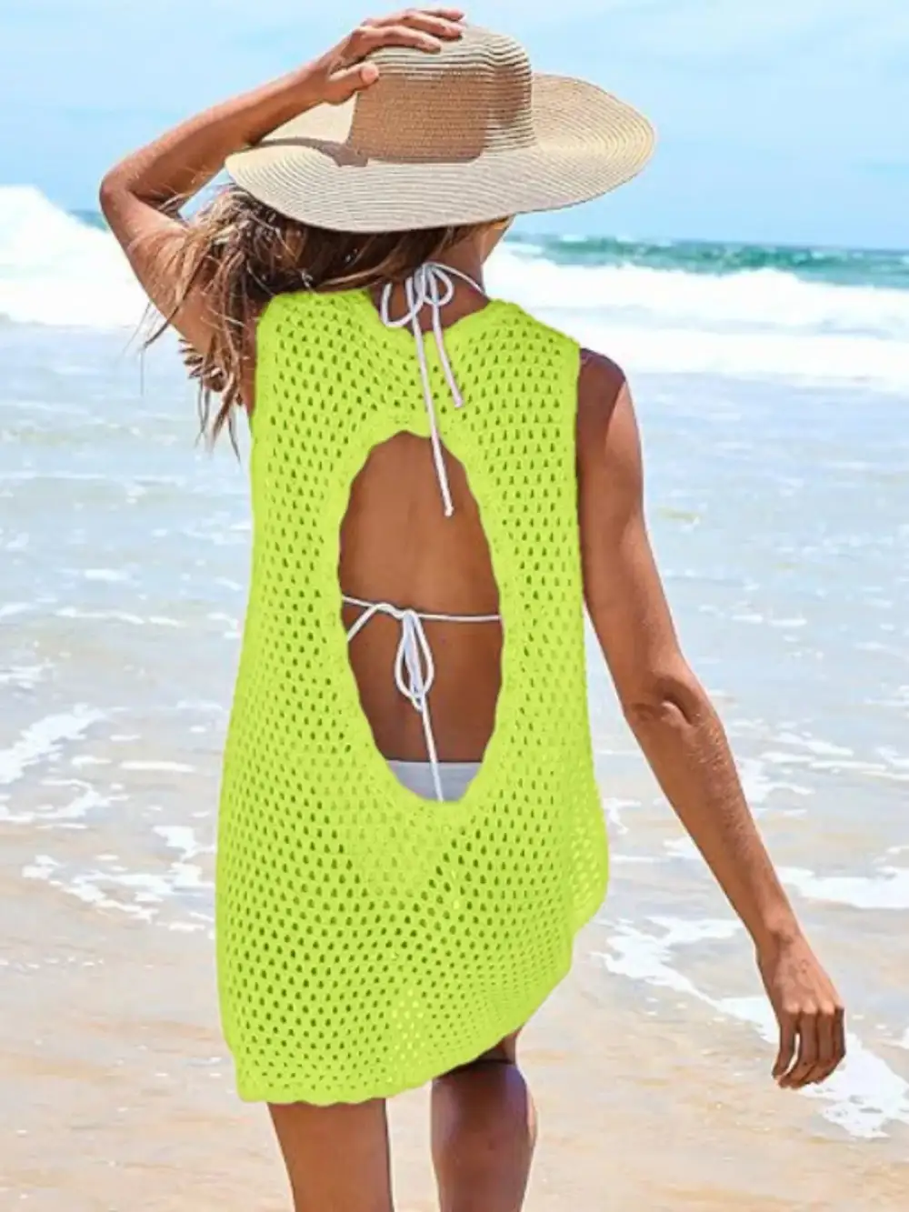 Blocked Pattern Openwork Sleeveless Panel Detail Swim Cover Up