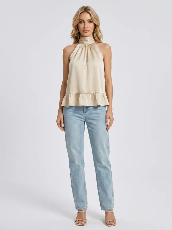 Satin Halter Neck Ruffle Hem Top
