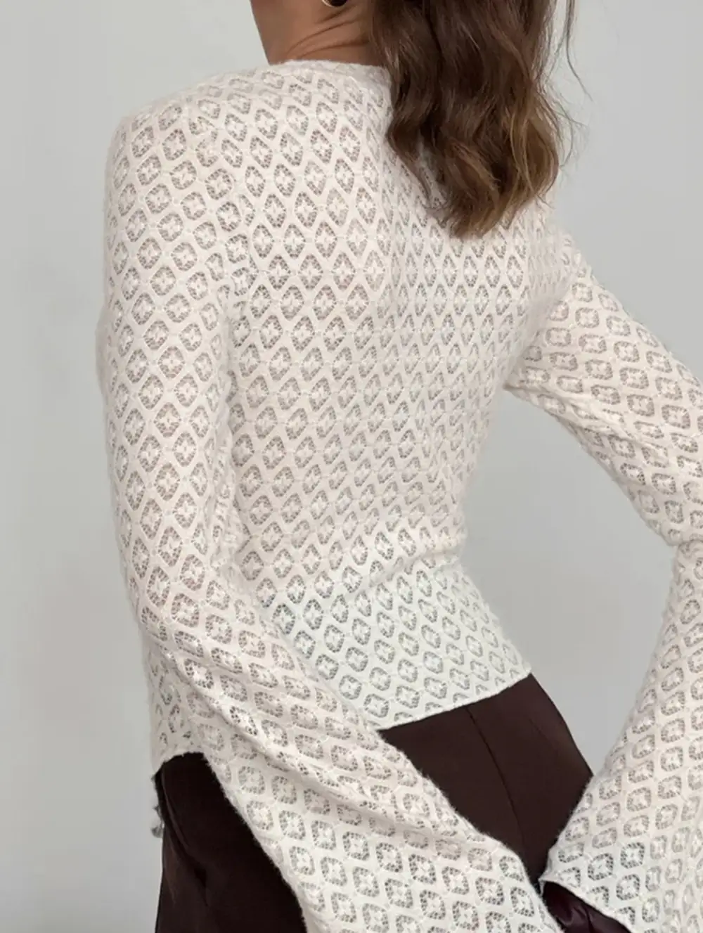 Crew Neck Lace Knit Cardigan Flare Sleeve Top