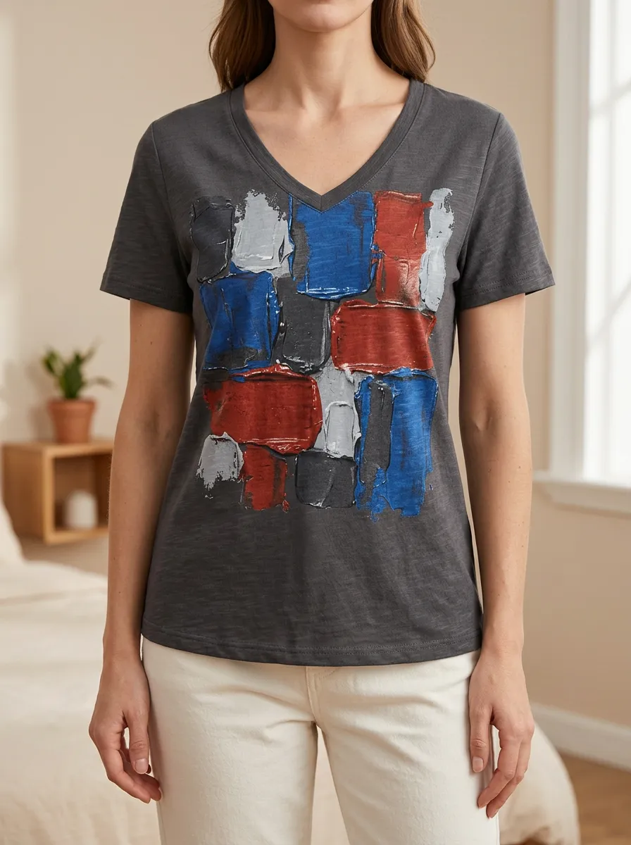 Women's Abstract Art Palette Knife Printed V-Neck T-Shirt