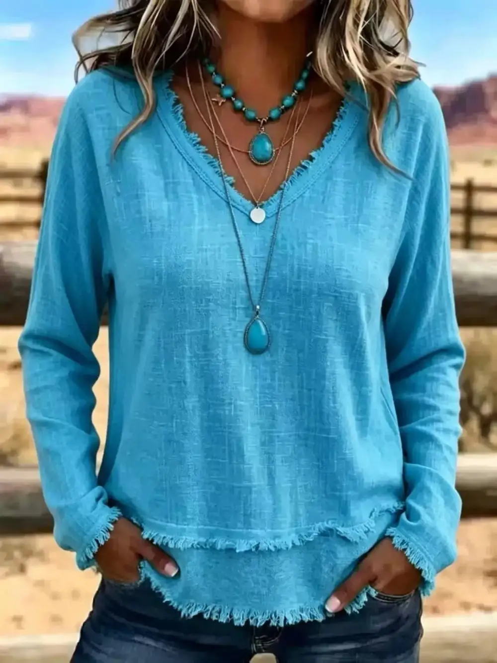Long Sleeve V-Neck Frayed Hem Blouse