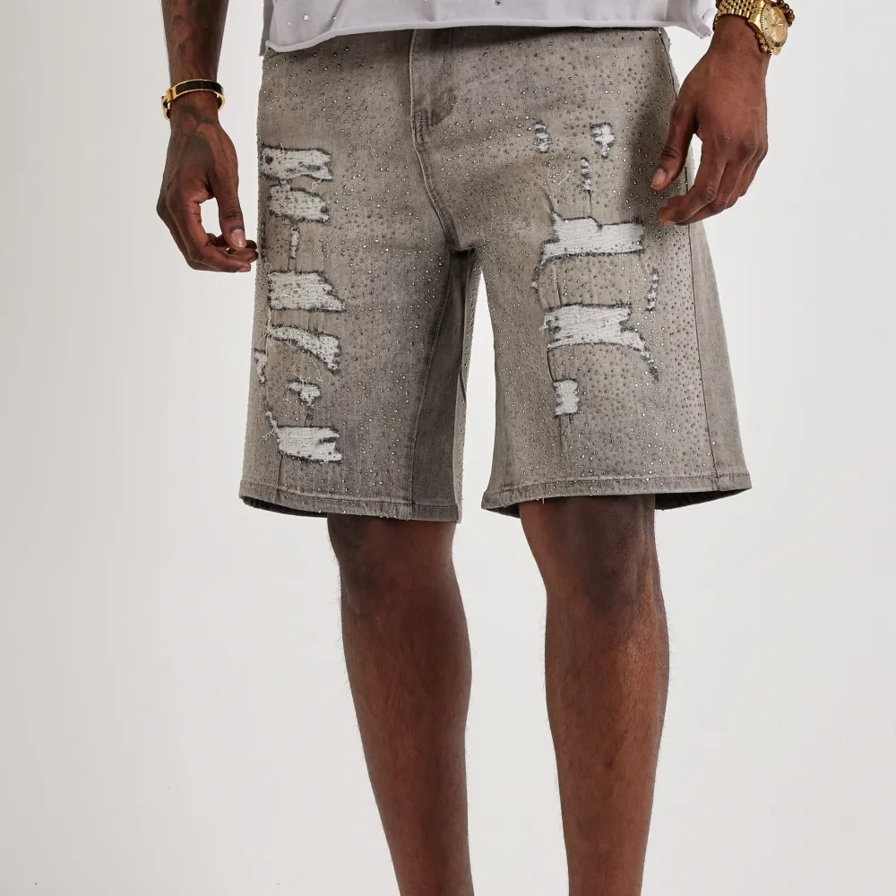Distressed Rhinestone Denim Shorts
