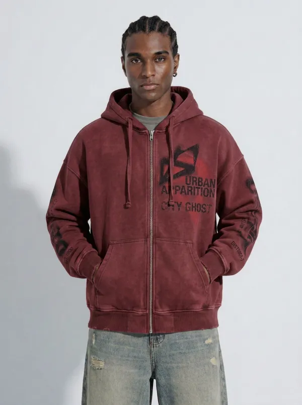 Men's Streetwear Urban Apparition City Ghost Spray Printed Zip-up Hoodie