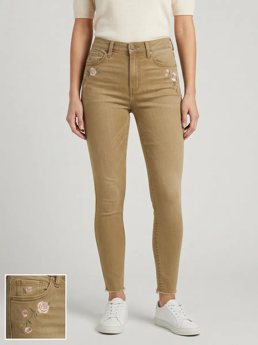 Women's Ridge Floral Rose Embroidered Printed Slim Jeans