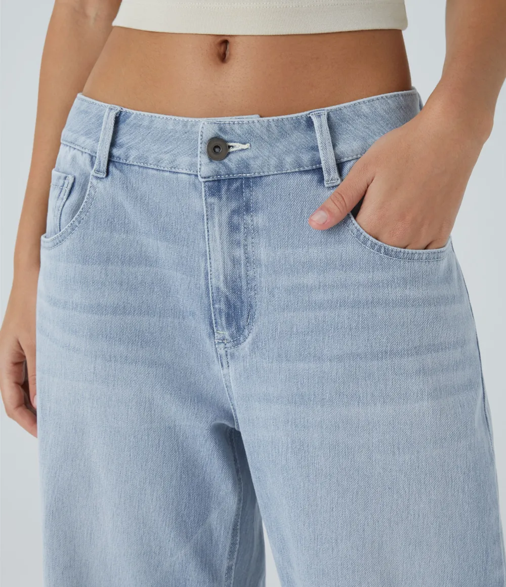 Magic Low Rise Button Zipper Multiple Pockets Washed Stretchy Knit Wide Leg Casual Jeans