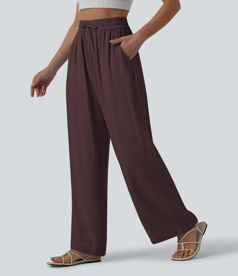 2026🔥High Waisted Drawstring Wide Leg Casual Linen-Blend Trousers with Pockets