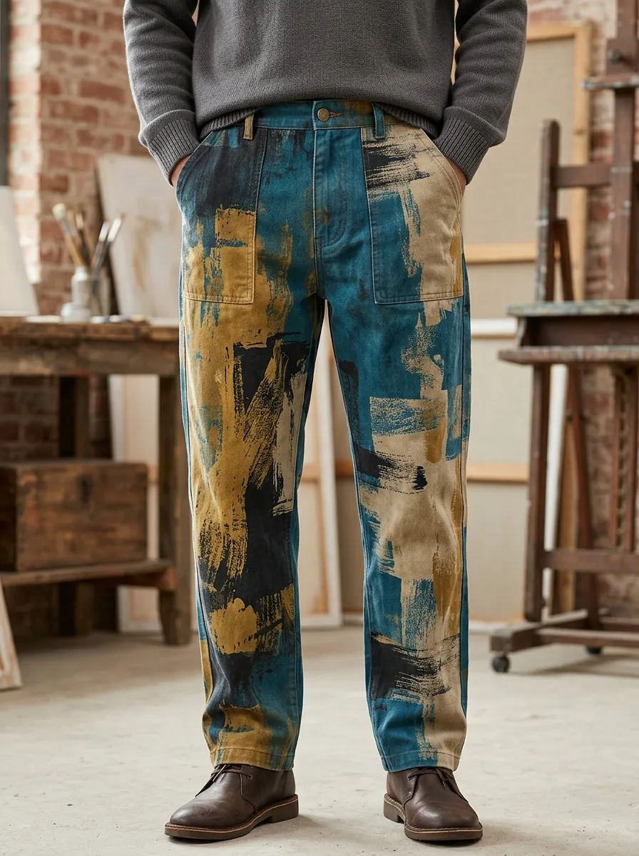 Men's Belted Brushstroke Print Utility Trousers