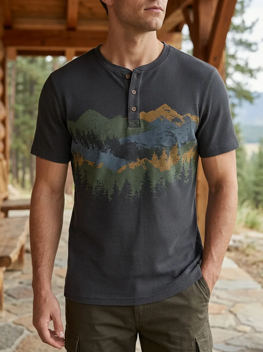 Men's Refined Outdoor Nature Lover Mountain Forest Henley T-Shirt