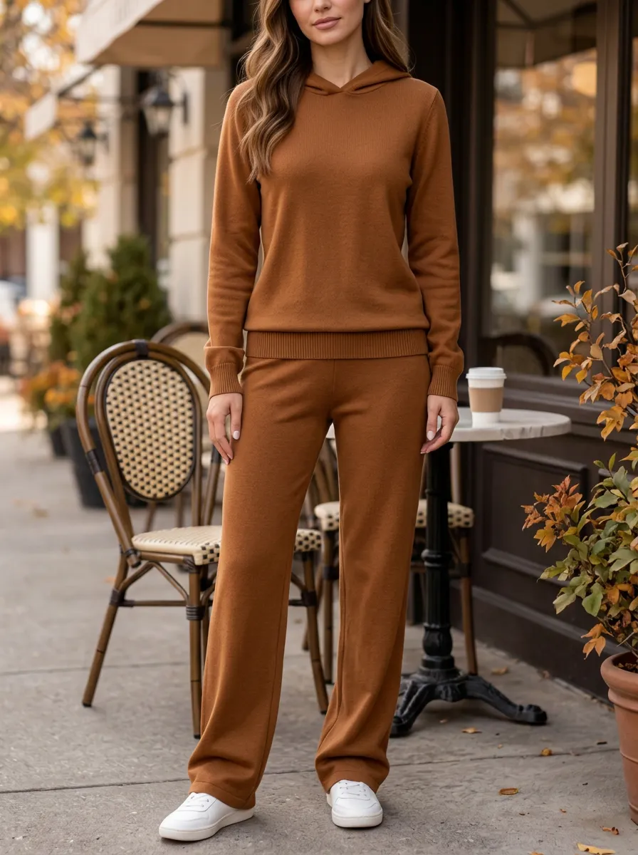 Women's Casual Brown Solid Color Long Sleeve Hoodie Straight Leg Lounge Set