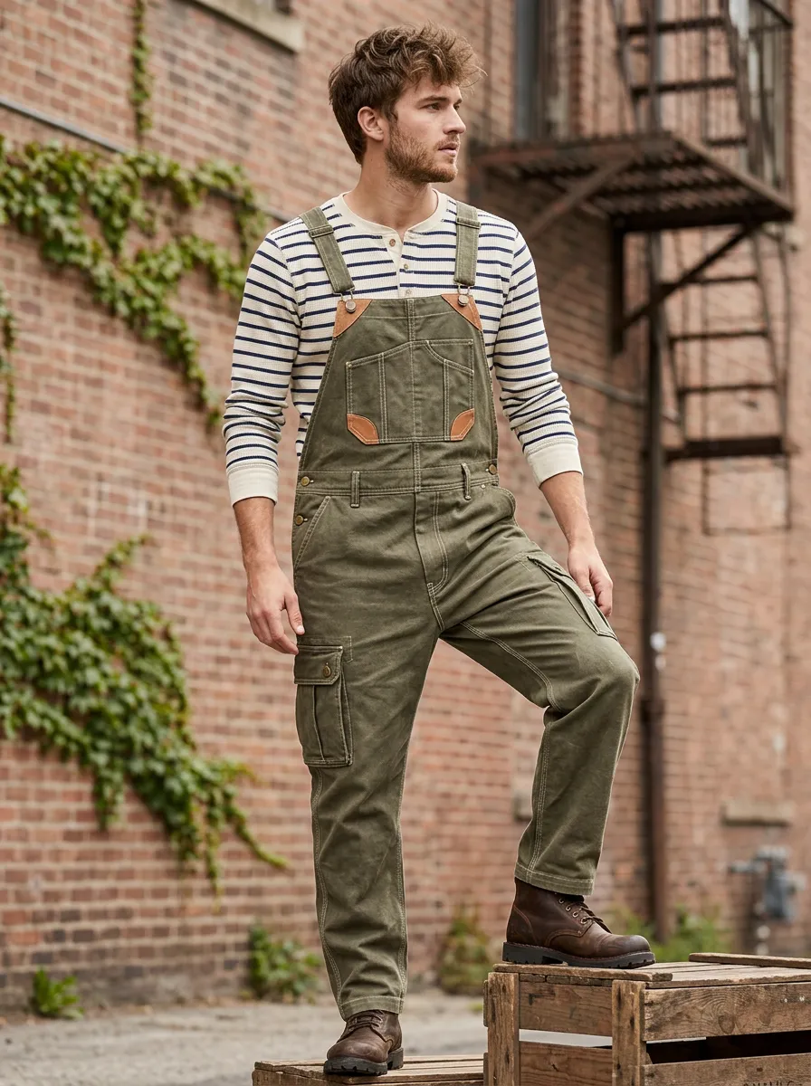 Men's Outdoor Workwear Olive Green Cargo Bib Overalls