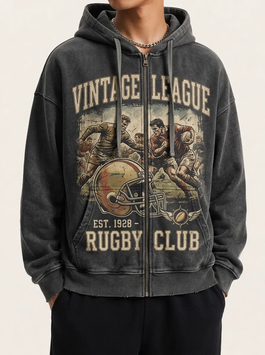 Men's Rugby Lover Vintage League Helmet Printed Zip-up Hoodie