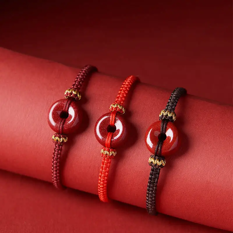Handmade Cinnabar Round Buckle Concentration Braided Bracelet