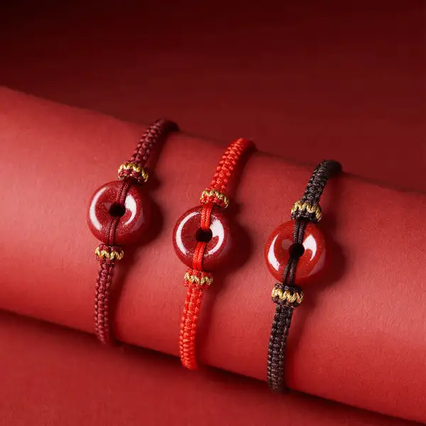 Handmade Cinnabar Round Buckle Concentration Braided Bracelet