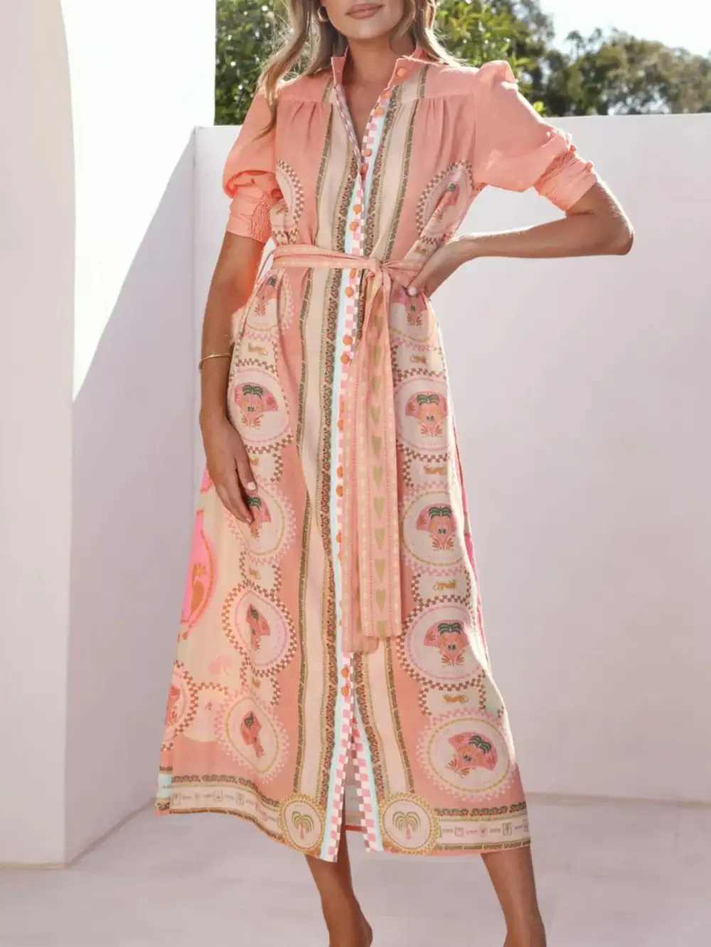 Puff Sleeve Tie Waist Midi Dress