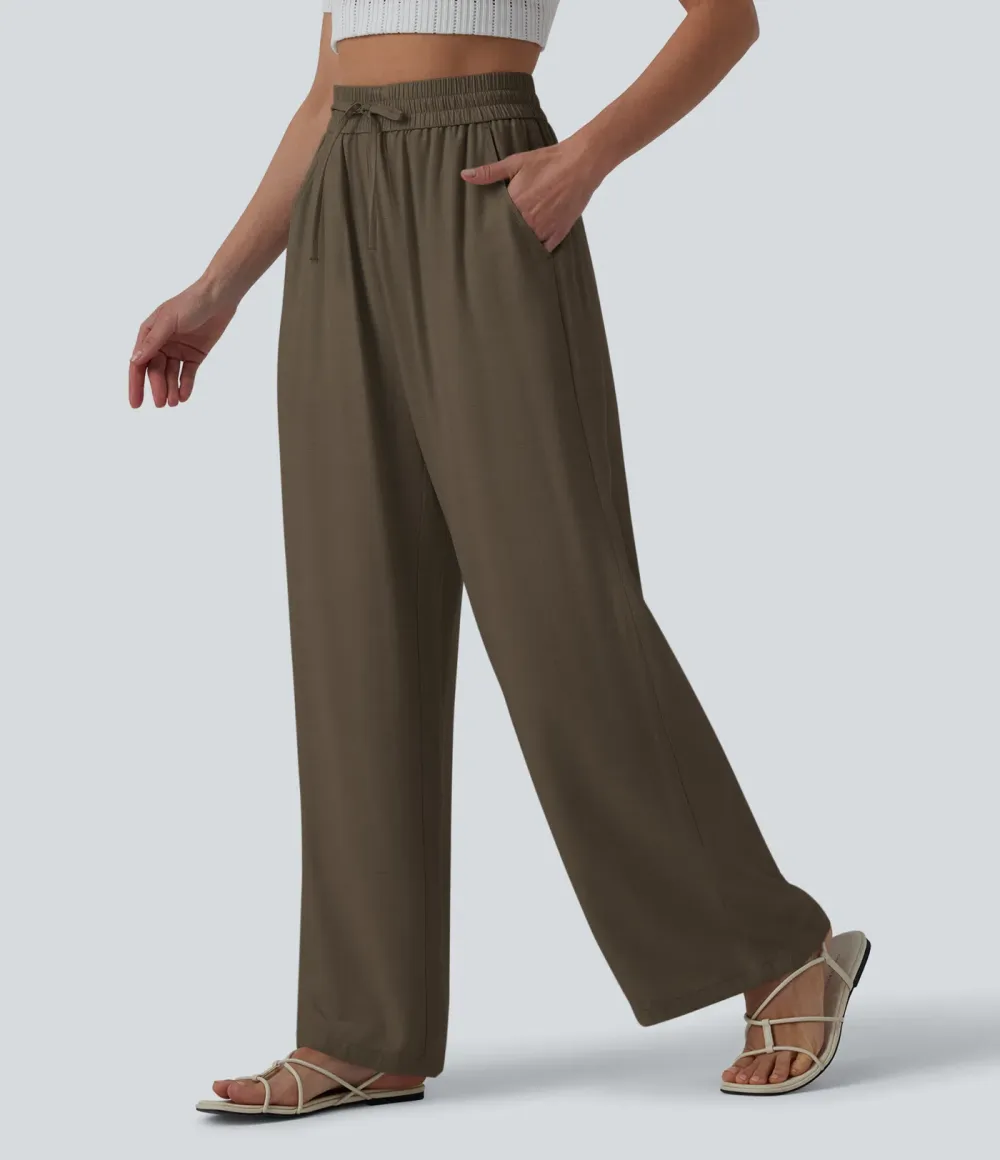 2026🔥High Waisted Drawstring Wide Leg Casual Linen-Blend Trousers with Pockets