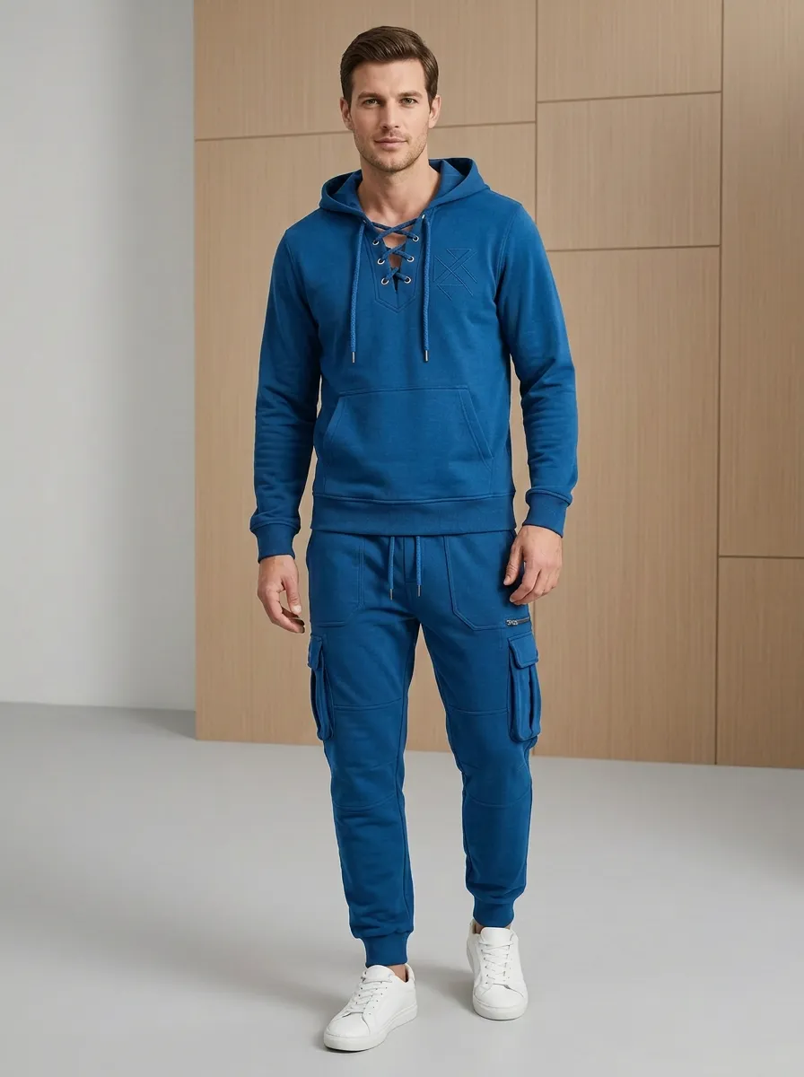 Streamlined Lace-Up Multi Pocket Outdoor Look Men's Lace Up Hoodie And Cargo Jogger Set