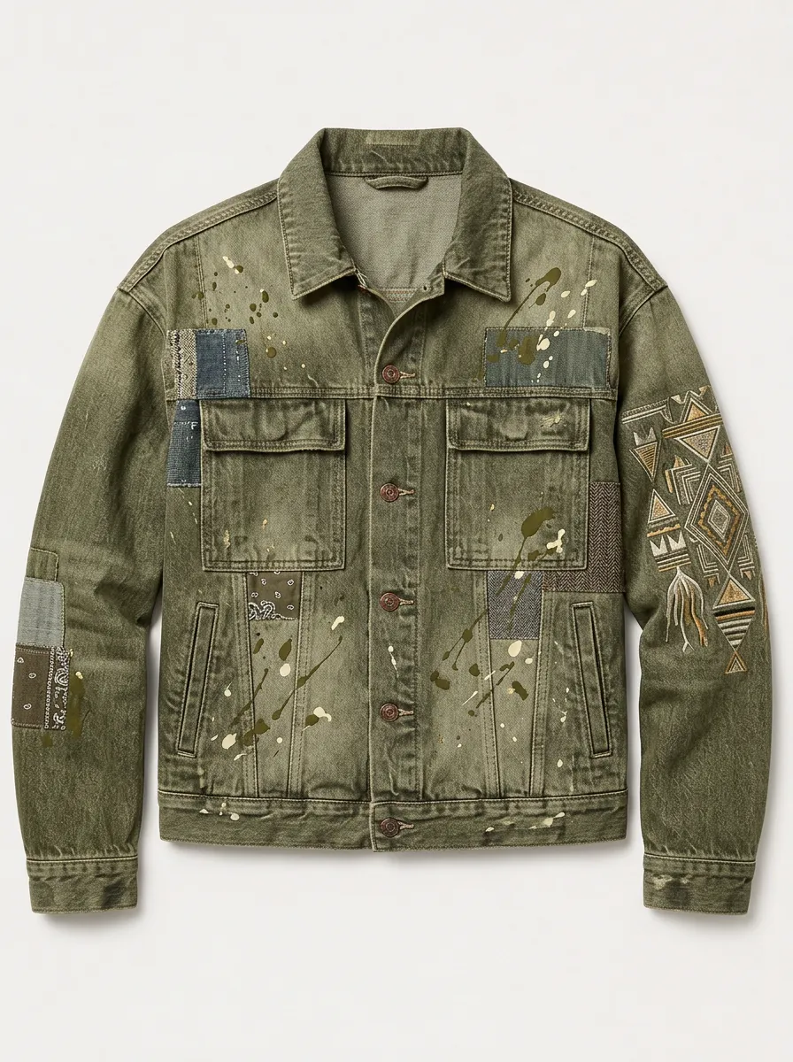 Men's Patchwork Denim Trucker Jacket Button-Front